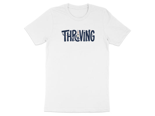 White t-shirt with "THRIVING" text in stylized font and coffee cup graphic.
